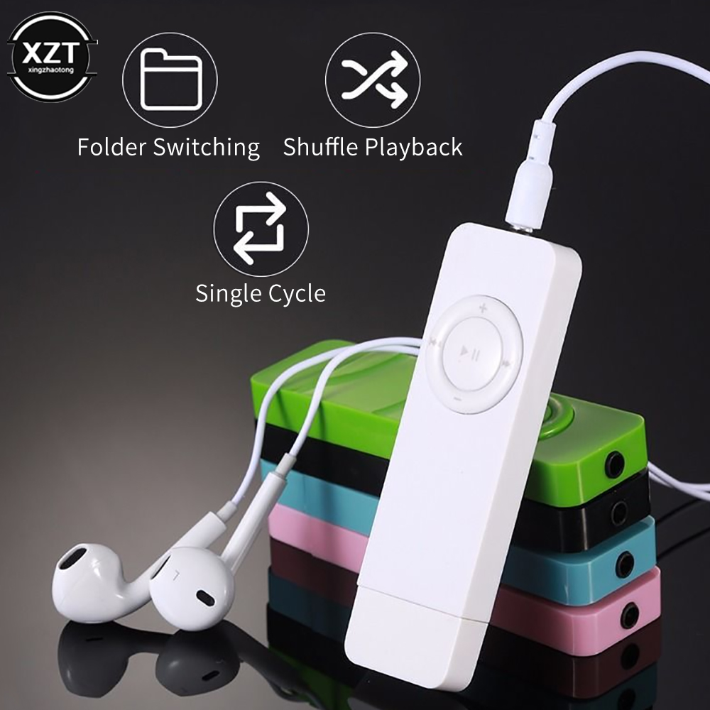 White portable music player with wired earbuds, against stacked color blocks; features shown: Folder Switching, Shuffle Playback, and Single Cycle.