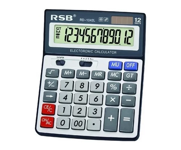 Electronic calculator with a large LCD display showing 1 2 3 4 5 6 7 8 9 0 . 12 digits; labeled RSB and 'ELECTRONIC CALCULATOR' with gray keypad and blue MU and OFF buttons.