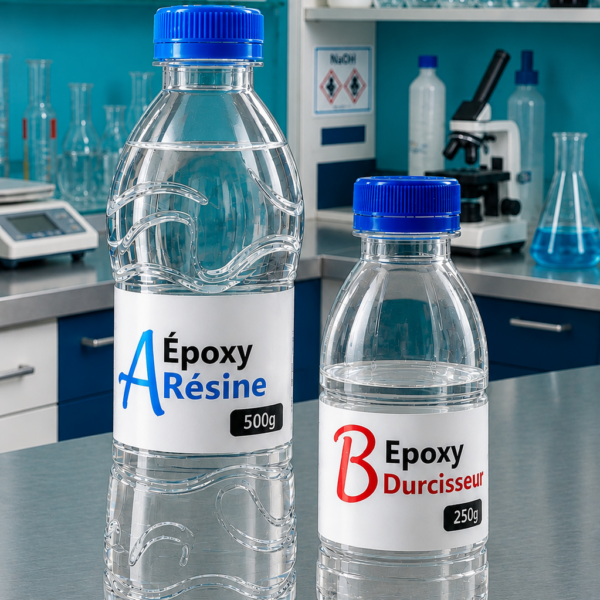 Two clear plastic bottles labeled A Epoxy Résine (500 g) and B Epoxy Durcisseur (250 g) with blue caps on a lab bench, surrounded by glassware in a chemistry lab.