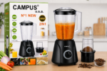 Campus USA 2in1 blender with orange blended juice, shown beside its packaging on a kitchen counter.