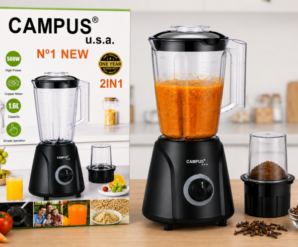 Campus USA 2in1 blender with orange blended juice, shown beside its packaging on a kitchen counter.