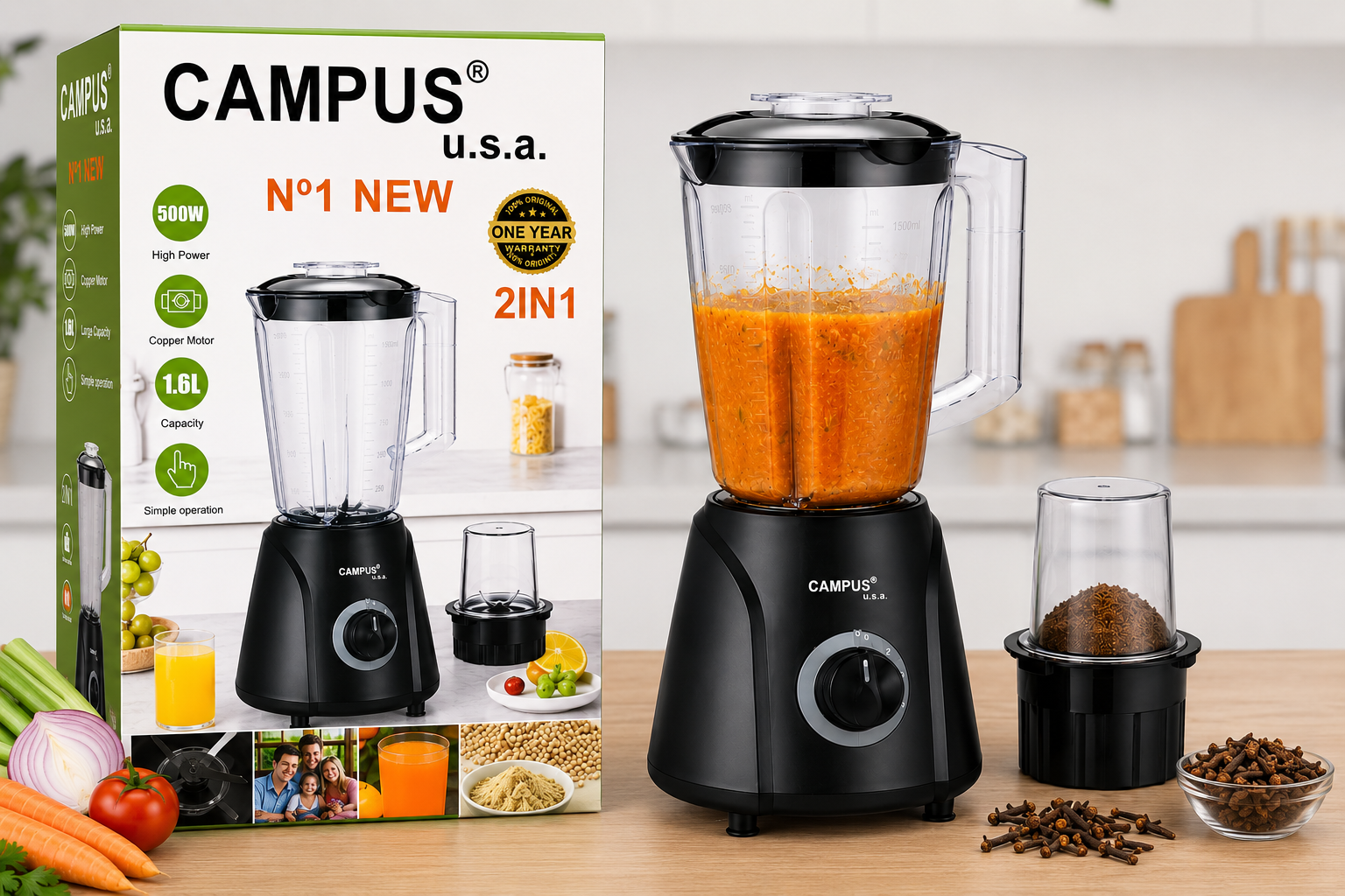 Campus USA 2in1 blender with orange blended juice, shown beside its packaging on a kitchen counter.