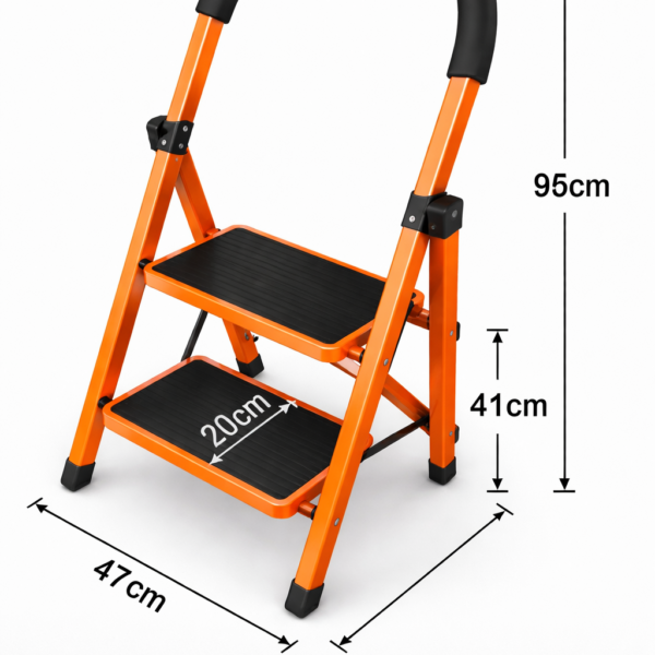 Orange two-step step ladder with black non-slip steps, showing overall height 95 cm and base width 47 cm with two 20 cm deep treads.