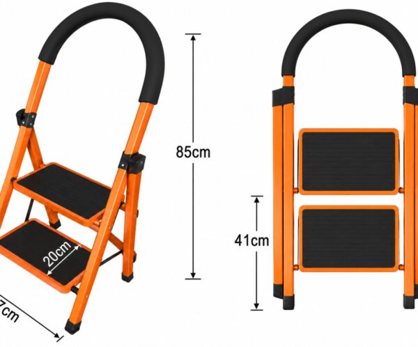 Orange and black folding step stool with two steps and a curved handle; dimensions show 90 cm tall and 47 cm base when open/standing off the ground, with 41 cm step height depicted in the side view.