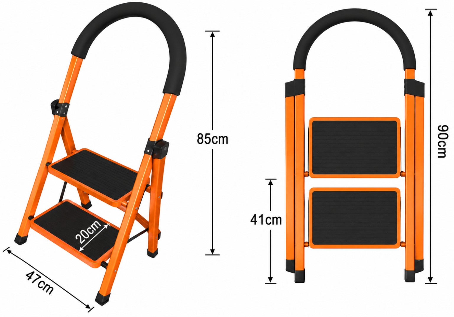 Orange and black folding step stool with two steps and a curved handle; dimensions show 90 cm tall and 47 cm base when open/standing off the ground, with 41 cm step height depicted in the side view.