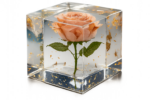 Pink rose encased in a clear glass-like cube with gold leaf flecks inside the sides and base.