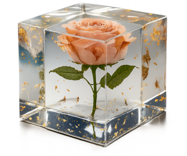 Pink rose encased in a clear glass-like cube with gold leaf flecks inside the sides and base.