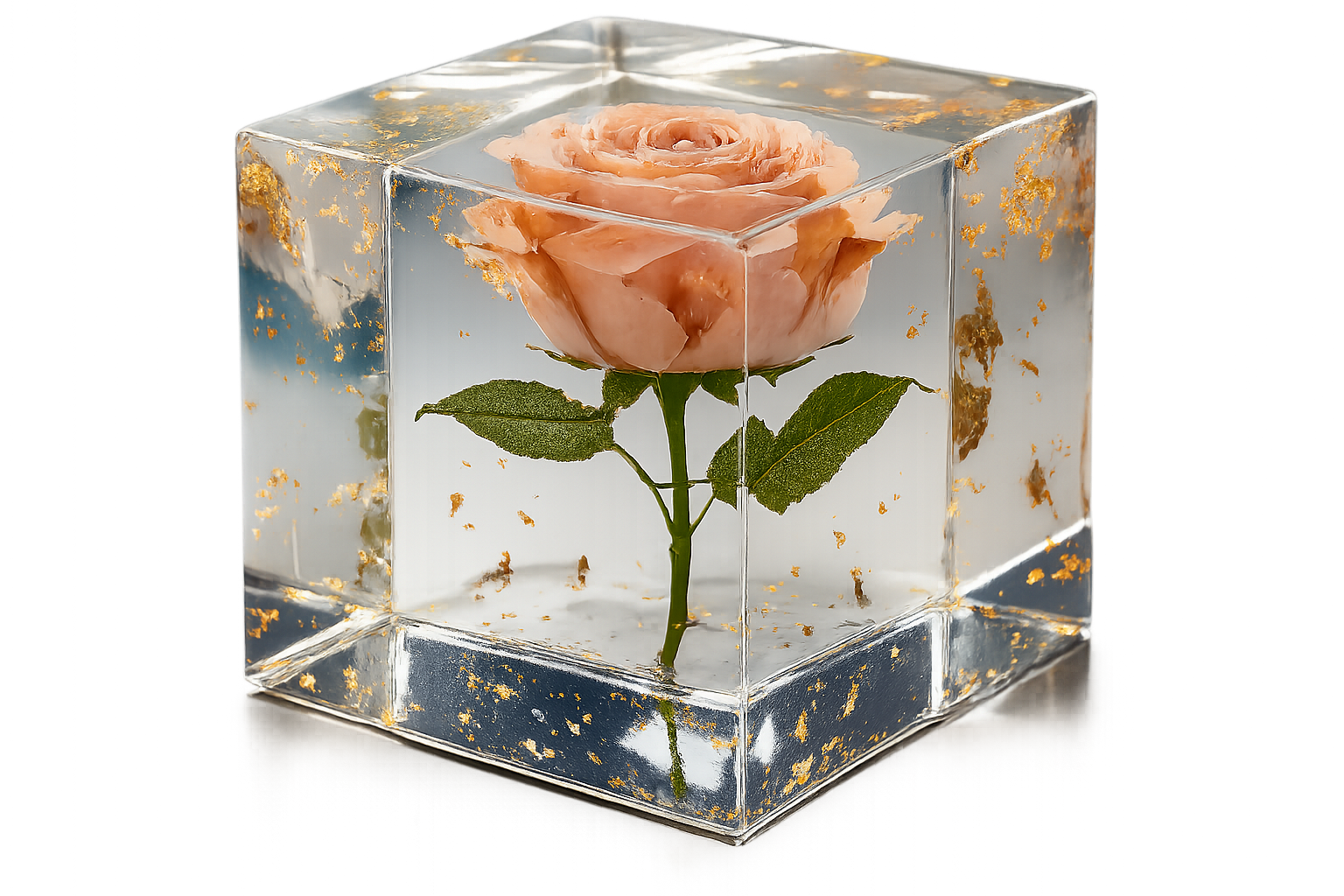 Pink rose encased in a clear glass-like cube with gold leaf flecks inside the sides and base.