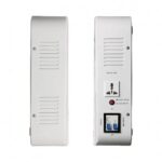 White rectangular electronic enclosure shown from two angles with vent slots; back panel includes a recessed outlet, a blue switch, and a small red indicator.