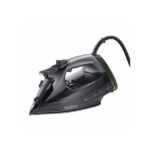 Corded steam iron in dark gray with a green accent, brand Oraimo, shown from a side angle with soleplate visible much like a product photo.