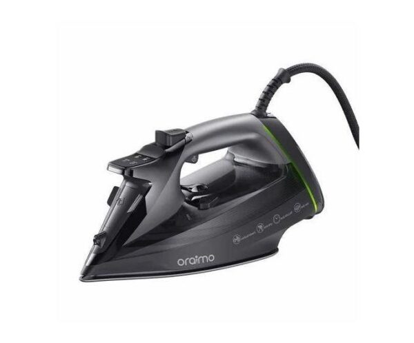Corded steam iron in dark gray with a green accent, brand Oraimo, shown from a side angle with soleplate visible much like a product photo.