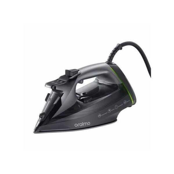 Corded steam iron in dark gray with a green accent, brand Oraimo, shown from a side angle with soleplate visible much like a product photo.