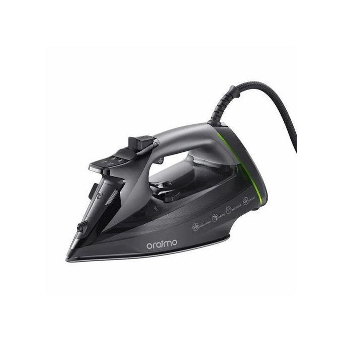 Corded steam iron in dark gray with a green accent, brand Oraimo, shown from a side angle with soleplate visible much like a product photo.