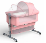 Pink baby bassinet on a metal rolling stand with mesh sides and a soft curved canopy, designed for infant sleep.