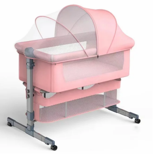 Pink baby bassinet on a metal rolling stand with mesh sides and a soft curved canopy, designed for infant sleep.