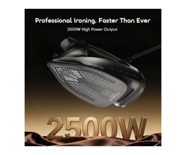 Promotional image of an electric iron showing a 2500W power claim against a dark background.