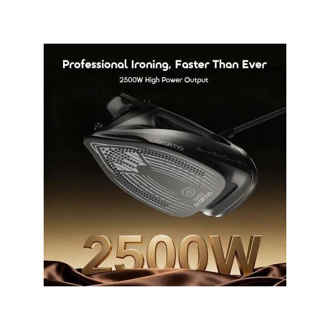 Promotional image of an electric iron showing a 2500W power claim against a dark background.
