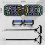 Dual-panel balance training board with colorful interconnected pegs, measuring 63.2 cm by 18.3 cm; includes two blue-handled foot pedals and two tethers with handles.