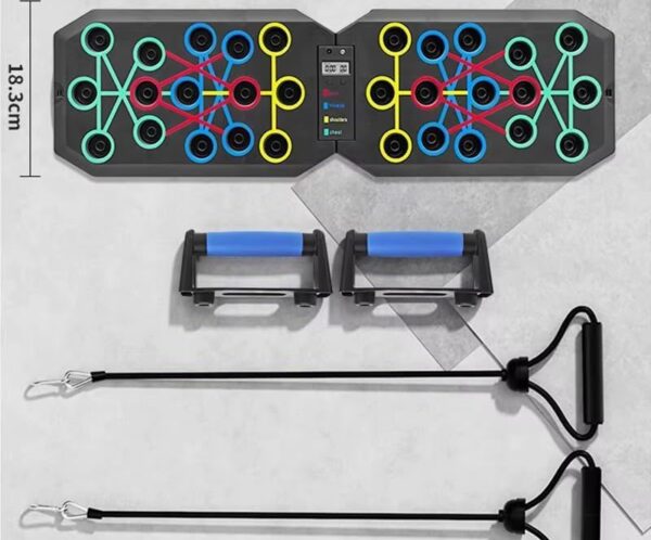 Dual-panel balance training board with colorful interconnected pegs, measuring 63.2 cm by 18.3 cm; includes two blue-handled foot pedals and two tethers with handles.