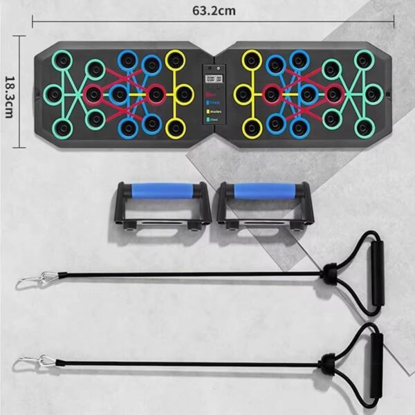 Dual-panel balance training board with colorful interconnected pegs, measuring 63.2 cm by 18.3 cm; includes two blue-handled foot pedals and two tethers with handles.
