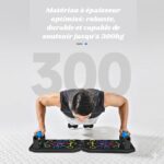 Person performing push-ups on a dual-board push-up trainer with colorful grips, against a light background with a large 300 graphic behind.