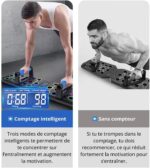 Two-panel comparison of a workout counting device: left shows a man using a smart rep counter with a digital readout labeled Comptage intelligent; right shows the same device without a counter, labeled Sans compteur in French.