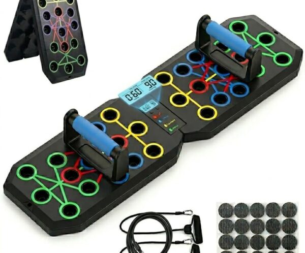 Electronic reaction game board with neon-colored circular targets, two blue handles, and a digital timer for quick reflex challenges