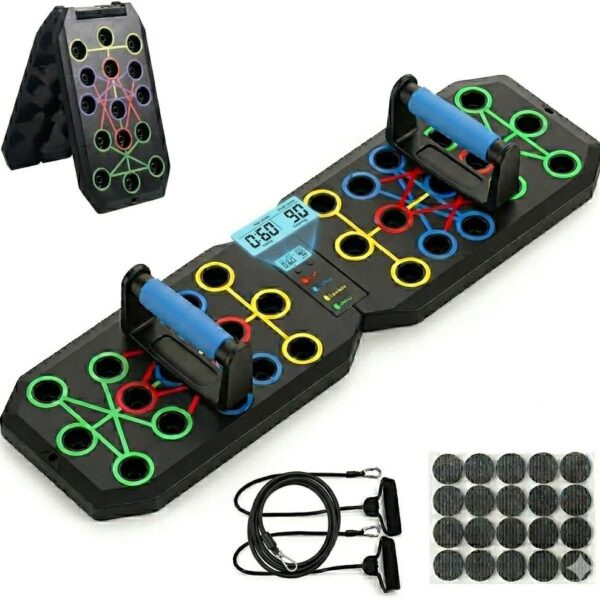Electronic reaction game board with neon-colored circular targets, two blue handles, and a digital timer for quick reflex challenges