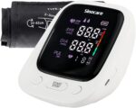 Automatic digital blood pressure monitor with cuff; screen shows SYS/DIA/PUL readings and indicators.