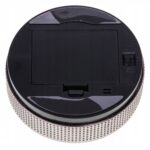 Close-up of a black circular camera lens with a protective cap and textured metal rim around the edge.