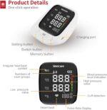 Infographic of a Sinocare blood pressure monitor with labeled parts: cuff, buttons, display, and indicators for systolic/diastolic values and pulse rate.