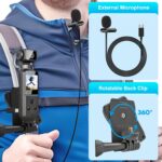 Collage of a smartphone video rig mounted on a chest/strap with an external microphone and a rotatable back clip accessory