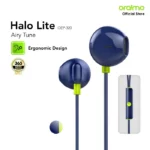 Halo Lite OEP-320 in-ear headphones, blue with lime green accents, shown with inline remote and official store branding. Ergonomic design and 365‑day badge visible.