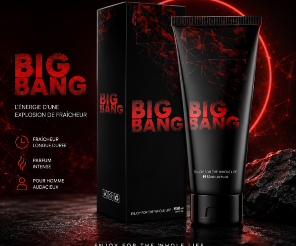 Black and red Big Bang perfume packaging: a tall box and tube with a red geometric network design, labeled 'BIG BANG' for men (50 ml).