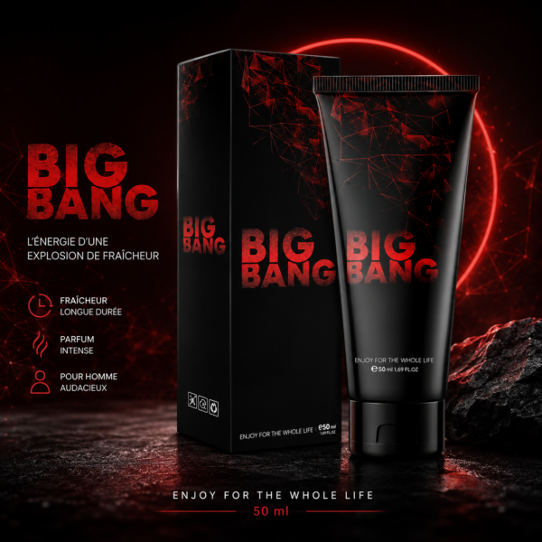 Black and red Big Bang perfume packaging: a tall box and tube with a red geometric network design, labeled 'BIG BANG' for men (50 ml).
