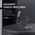 Promotional image of a magnetic, tangle-free MagCable with USB‑C and Lightning connectors, coiled on a dark pedestal, listing fast charge, high-speed transfer, wide compatibility, and wear resistance.