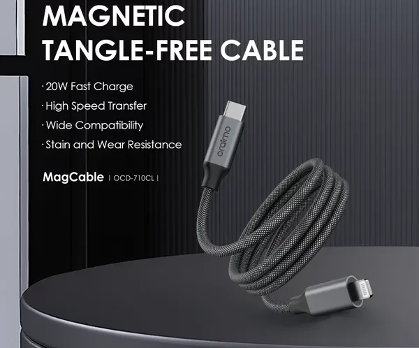 Promotional image of a magnetic, tangle-free MagCable with USB‑C and Lightning connectors, coiled on a dark pedestal, listing fast charge, high-speed transfer, wide compatibility, and wear resistance.