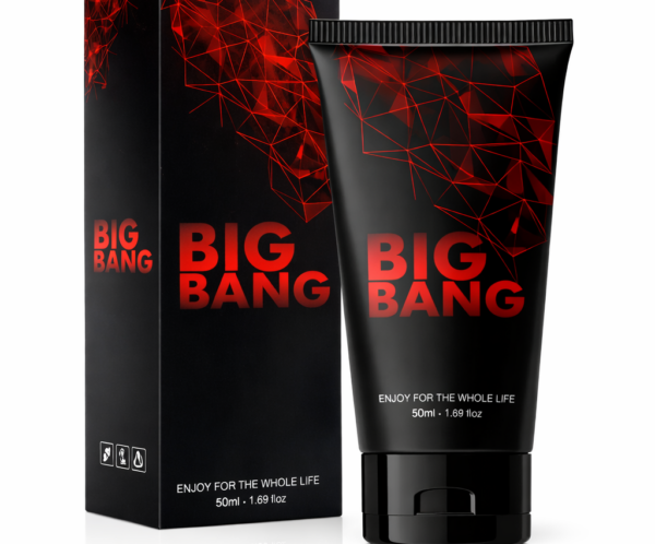 Black squeeze tube and matching box for a 'BIG BANG' product, black with red geometric pattern and 50 ml labeling.
