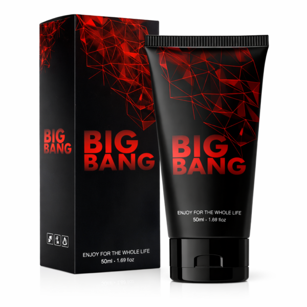 Black squeeze tube and matching box for a 'BIG BANG' product, black with red geometric pattern and 50 ml labeling.