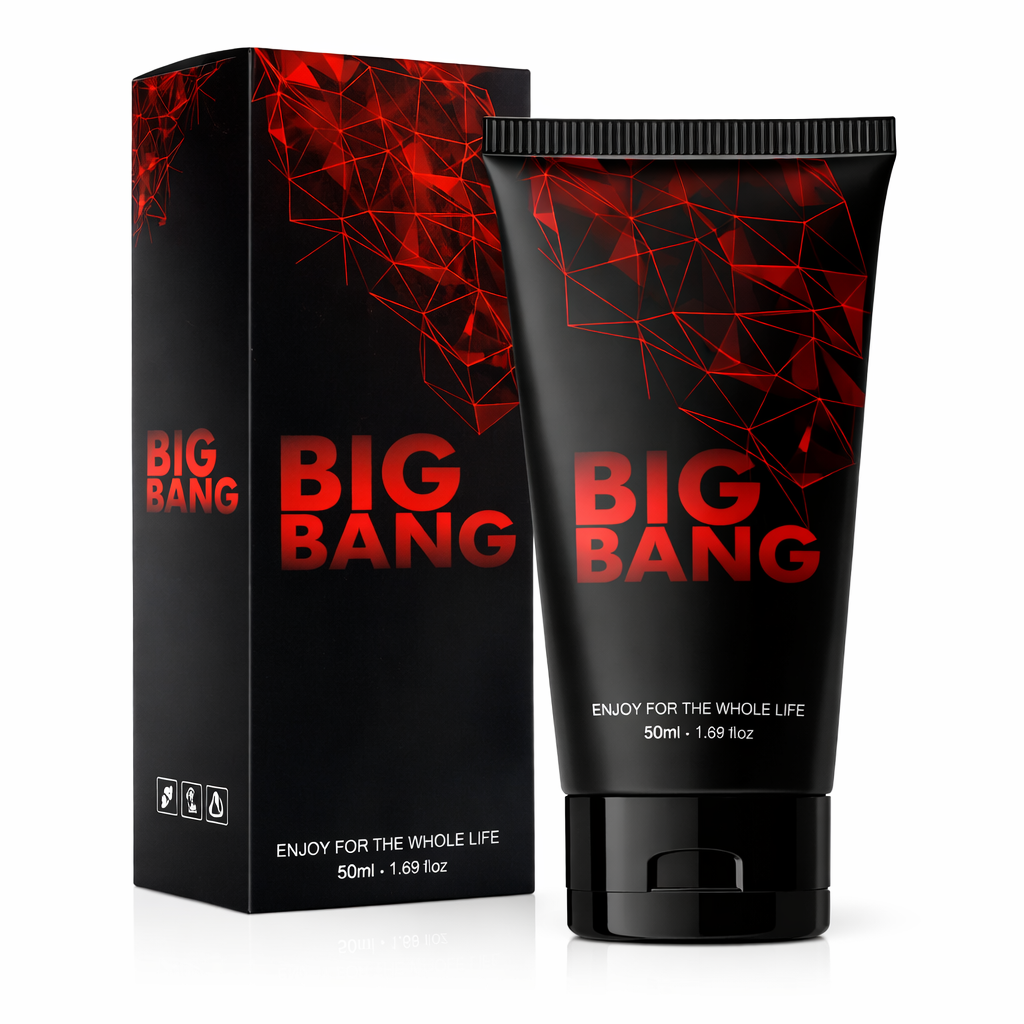 Black squeeze tube and matching box for a 'BIG BANG' product, black with red geometric pattern and 50 ml labeling.