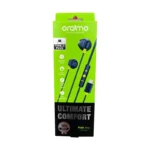 Green Oraimo product packaging for Ultimate Comfort Halo Airy wired earphones, showing blue earbuds and inline control with a Type-C plug image on the box.