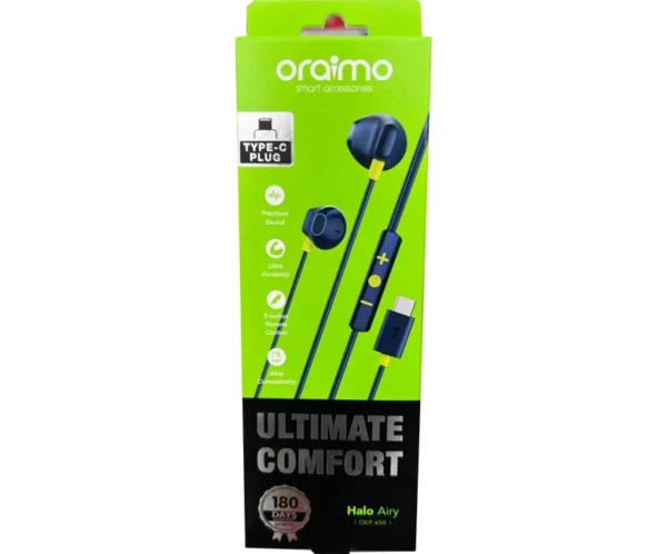 Green Oraimo product packaging for Ultimate Comfort Halo Airy wired earphones, showing blue earbuds and inline control with a Type-C plug image on the box.