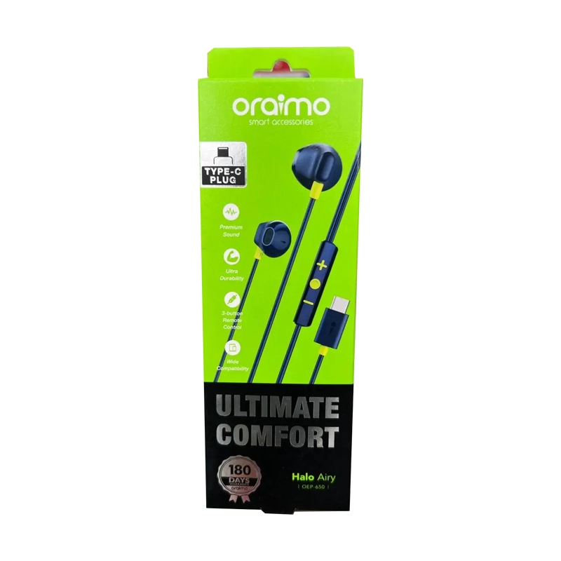 Green Oraimo product packaging for Ultimate Comfort Halo Airy wired earphones, showing blue earbuds and inline control with a Type-C plug image on the box.