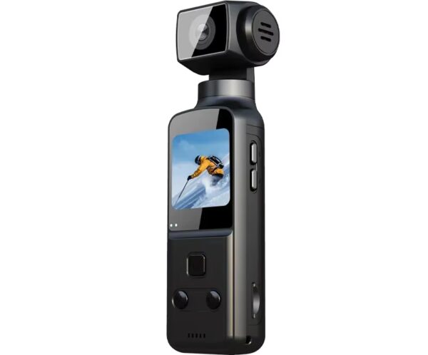 Black action camera on a stabilizing gimbal with a touchscreen on the front and side controls on the body in a compact setup.