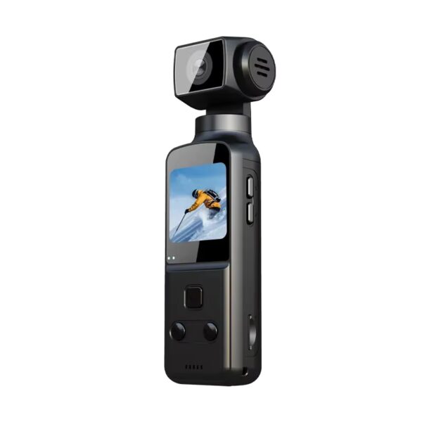 Black action camera on a stabilizing gimbal with a touchscreen on the front and side controls on the body in a compact setup.