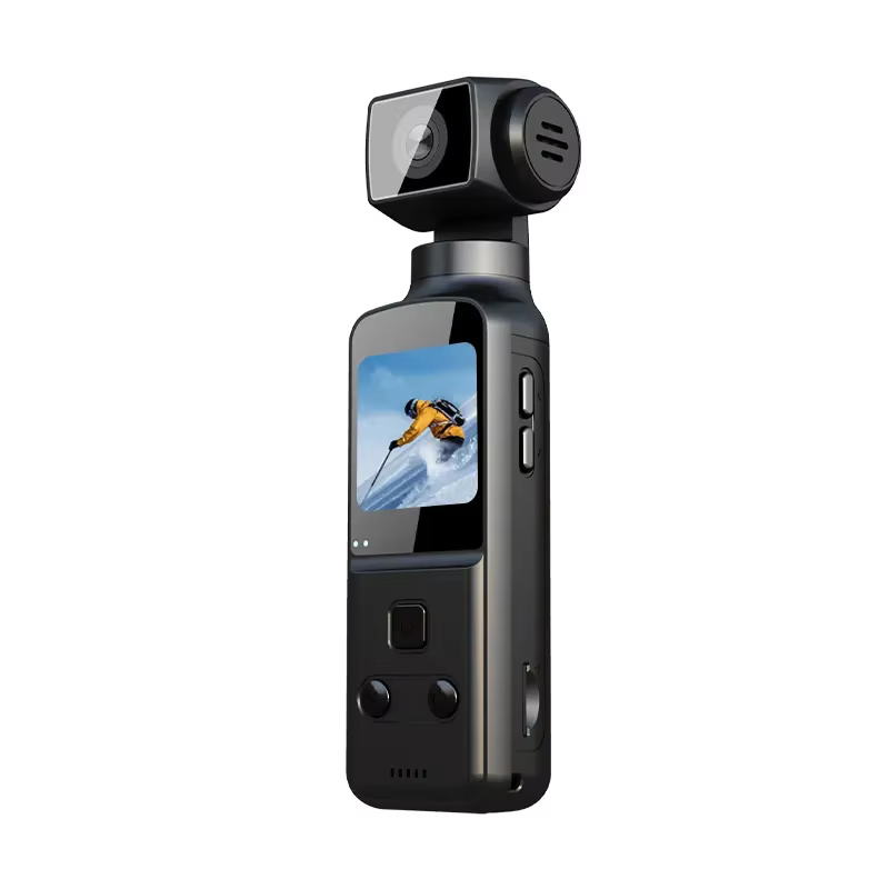 Black action camera on a stabilizing gimbal with a touchscreen on the front and side controls on the body in a compact setup.