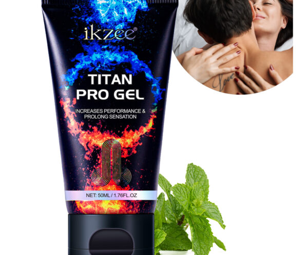 Tube of Ikzee Titan Pro Gel with blue and orange flame design and branding visible, with mint leaves nearby.