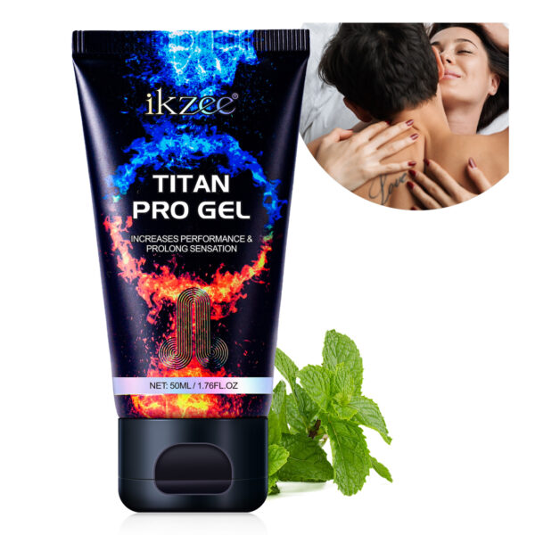 Tube of Ikzee Titan Pro Gel with blue and orange flame design and branding visible, with mint leaves nearby.