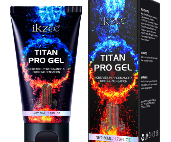 Ikzee Titan Pro Gel tube and matching box with blue and orange flame design, 50 ml packaging visible.
