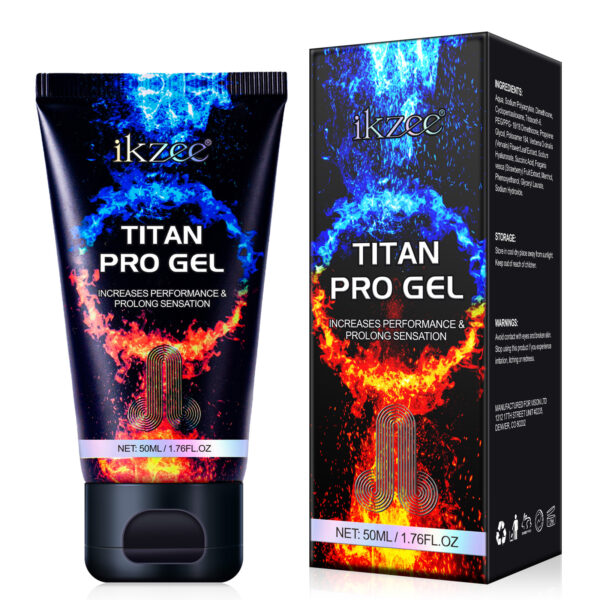 Ikzee Titan Pro Gel tube and matching box with blue and orange flame design, 50 ml packaging visible.